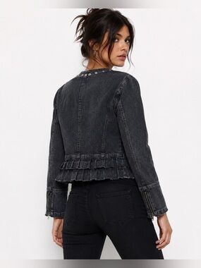 Y2K Grunge Denim Peplum Jacket Rivet Trim Tiered Ruffle Hem XL